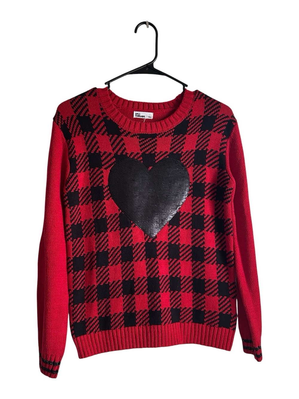 Epic Threads Girls Size L Red & Black Plaid Heart Crewneck Sweater